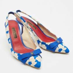 Pre Owned CH Carolina Herrera Blue/White Canvas Bow Slingback Pumps Size 37