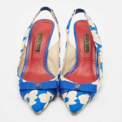 Pre Owned CH Carolina Herrera Blue/White Canvas Bow Slingback Pumps Size 37