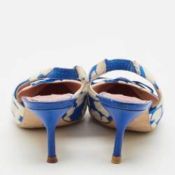 Pre Owned CH Carolina Herrera Blue/White Canvas Bow Slingback Pumps Size 37
