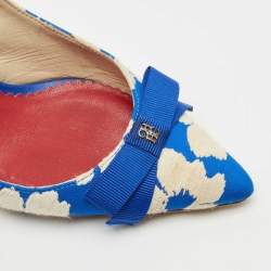 Pre Owned CH Carolina Herrera Blue/White Canvas Bow Slingback Pumps Size 37