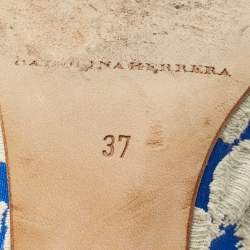 Pre Owned CH Carolina Herrera Blue/White Canvas Bow Slingback Pumps Size 37