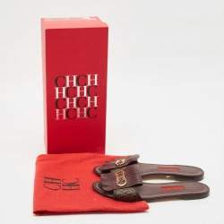 Pre Owned CH Carolina Herrera Brown Signature Canvas and Leather Lock Flat Slides Size 37