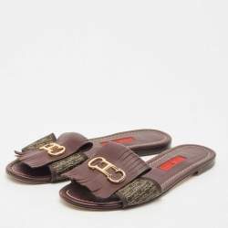 Pre Owned CH Carolina Herrera Brown Signature Canvas and Leather Lock Flat Slides Size 37
