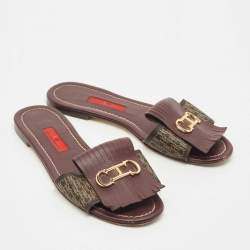 Pre Owned CH Carolina Herrera Brown Signature Canvas and Leather Lock Flat Slides Size 37
