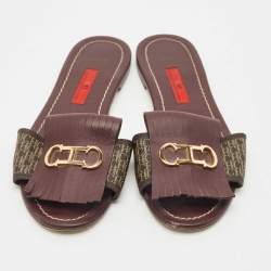 Pre Owned CH Carolina Herrera Brown Signature Canvas and Leather Lock Flat Slides Size 37