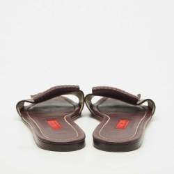 Pre Owned CH Carolina Herrera Brown Signature Canvas and Leather Lock Flat Slides Size 37