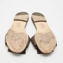 Pre Owned CH Carolina Herrera Brown Signature Canvas and Leather Lock Flat Slides Size 37