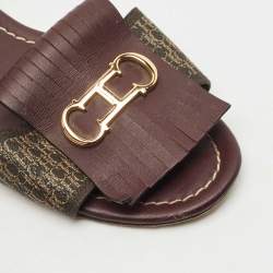 Pre Owned CH Carolina Herrera Brown Signature Canvas and Leather Lock Flat Slides Size 37