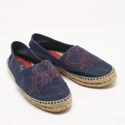 Pre Owned CH Carolina Herrera Navy Blue Canvas Espadrille Flats Size 37