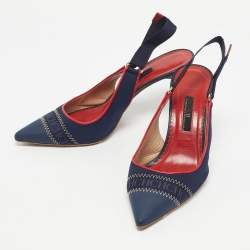 Pre Owned CH Carolina Herrera Navy Blue Leather Pointed Toe Slingback Pumps Size 38