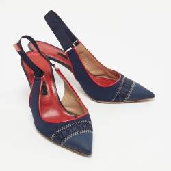 Pre Owned CH Carolina Herrera Navy Blue Leather Pointed Toe Slingback Pumps Size 38