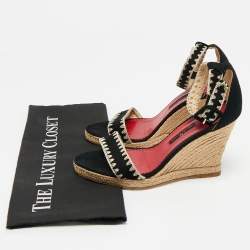 Pre Owned CH Carolina Herrera Black/Beige Suede Wedge Ankle Wrap Espadrilles Size 37