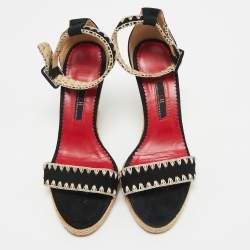 Pre Owned CH Carolina Herrera Black/Beige Suede Wedge Ankle Wrap Espadrilles Size 37