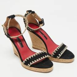 Pre Owned CH Carolina Herrera Black/Beige Suede Wedge Ankle Wrap Espadrilles Size 37