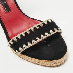 Pre Owned CH Carolina Herrera Black/Beige Suede Wedge Ankle Wrap Espadrilles Size 37