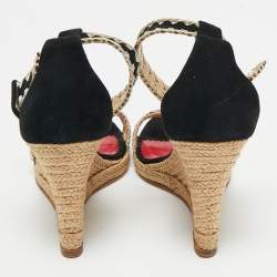 Pre Owned CH Carolina Herrera Black/Beige Suede Wedge Ankle Wrap Espadrilles Size 37