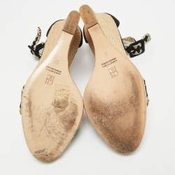 Pre Owned CH Carolina Herrera Black/Beige Suede Wedge Ankle Wrap Espadrilles Size 37