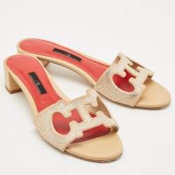 Pre Owned CH Carolina Herrera Beige Suede Crystal Embellished Slide Sandals Size 39