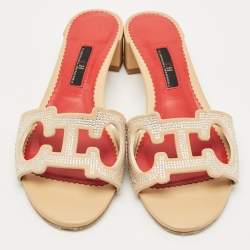 Pre Owned CH Carolina Herrera Beige Suede Crystal Embellished Slide Sandals Size 39