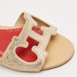 Pre Owned CH Carolina Herrera Beige Suede Crystal Embellished Slide Sandals Size 39
