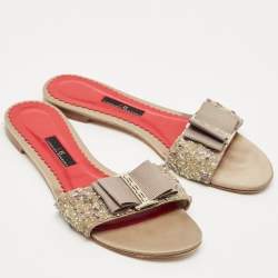 Pre Owned CH Carolina Herrera Grey Satin Crystal Embellished Flat Slides Size 39