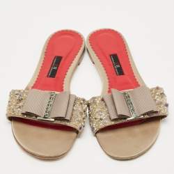 Pre Owned CH Carolina Herrera Grey Satin Crystal Embellished Flat Slides Size 39