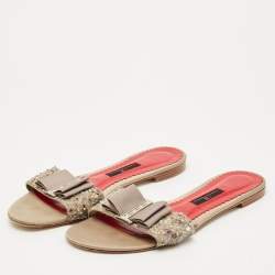 Pre Owned CH Carolina Herrera Grey Satin Crystal Embellished Flat Slides Size 39