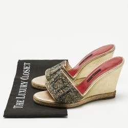 Pre Owned CH Carolina Herrera Metallic Glitter and Leather  Wedge Espadrille Sandals Size 37