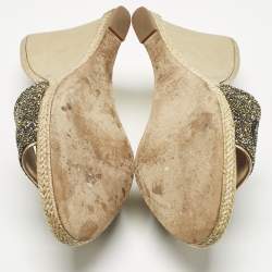 Pre Owned CH Carolina Herrera Metallic Glitter and Leather  Wedge Espadrille Sandals Size 37