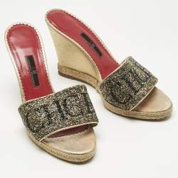 Pre Owned CH Carolina Herrera Metallic Glitter and Leather  Wedge Espadrille Sandals Size 37