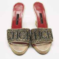 Pre Owned CH Carolina Herrera Metallic Glitter and Leather  Wedge Espadrille Sandals Size 37