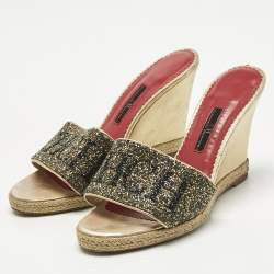 Pre Owned CH Carolina Herrera Metallic Glitter and Leather  Wedge Espadrille Sandals Size 37