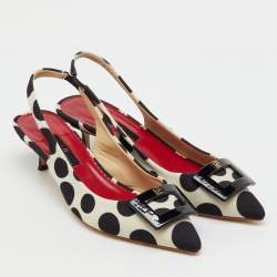 Pre Owned CH Carolina Herrera Black/White Canvas Polka Dot Slingback Pumps Size 38