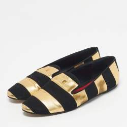 Pre Owned CH Carolina Herrera Black/Gold Leather and Suede Smoking Slippers Size 38