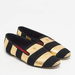 Pre Owned CH Carolina Herrera Black/Gold Leather and Suede Smoking Slippers Size 38