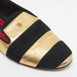 Pre Owned CH Carolina Herrera Black/Gold Leather and Suede Smoking Slippers Size 38