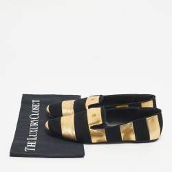 Pre Owned CH Carolina Herrera Black/Gold Leather and Suede Smoking Slippers Size 38