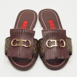 Pre Owned CH Carolina Herrera Burgundy Canvas and Leather Flat Slides Size 36