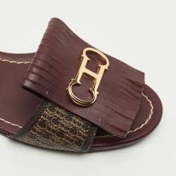 Pre Owned CH Carolina Herrera Burgundy Canvas and Leather Flat Slides Size 36