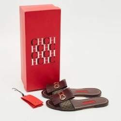 Pre Owned CH Carolina Herrera Burgundy Canvas and Leather Flat Slides Size 36