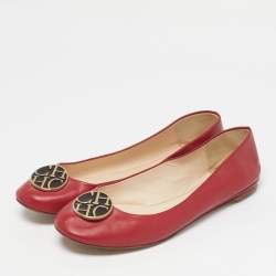 Pre Owned CH Carolina Herrera Red Leather Logo Ballet Flats Size 38