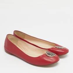 Pre Owned CH Carolina Herrera Red Leather Logo Ballet Flats Size 38