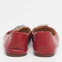 Pre Owned CH Carolina Herrera Red Leather Logo Ballet Flats Size 38