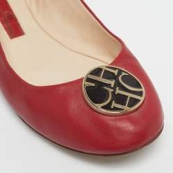 Pre Owned CH Carolina Herrera Red Leather Logo Ballet Flats Size 38