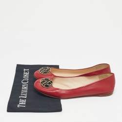 Pre Owned CH Carolina Herrera Red Leather Logo Ballet Flats Size 38