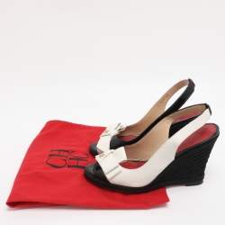 Pre Owned CH Carolina Herrera Black/White Leather and Patent Leather Peep Toe Bow Espadrille Wedge Sandals Size 37