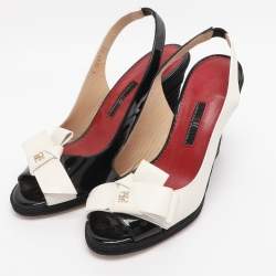 Pre Owned CH Carolina Herrera Black/White Leather and Patent Leather Peep Toe Bow Espadrille Wedge Sandals Size 37