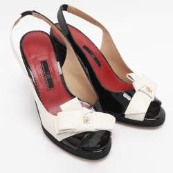 Pre Owned CH Carolina Herrera Black/White Leather and Patent Leather Peep Toe Bow Espadrille Wedge Sandals Size 37