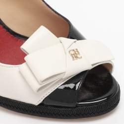 Pre Owned CH Carolina Herrera Black/White Leather and Patent Leather Peep Toe Bow Espadrille Wedge Sandals Size 37