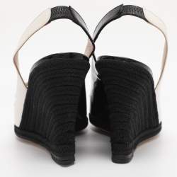 Pre Owned CH Carolina Herrera Black/White Leather and Patent Leather Peep Toe Bow Espadrille Wedge Sandals Size 37